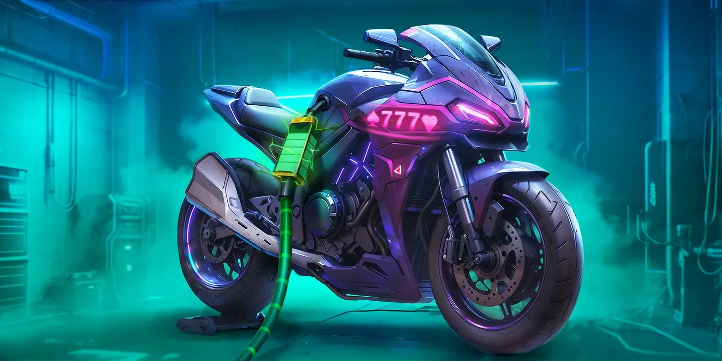 Offizielle Robycasino-Illustration: futuristisches Motorrad in Violett und Türkis