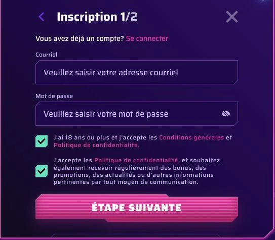 Première étape de l’inscription Robycasino : adresse e-mail, mot de passe et conditions du compte