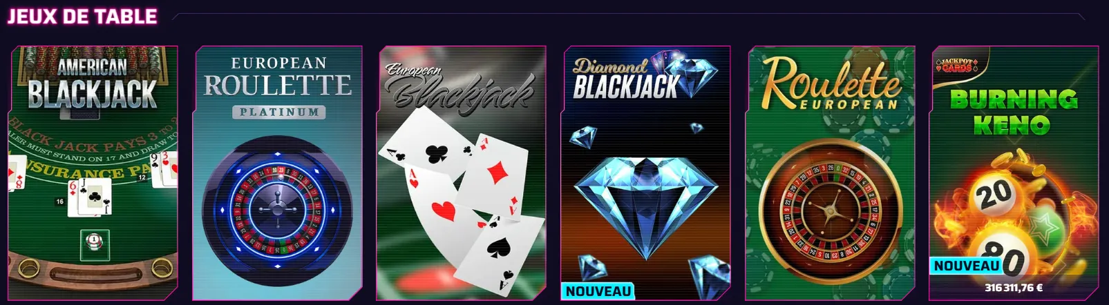 Jeux de table du Roby Casino incluant blackjack et roulette